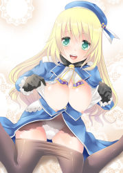 Rule 34 | 10s, 1girl, ascot, atago (kancolle), black gloves, blonde hair, blush, body blush, breasts, breasts out, brown pantyhose, clothes pull, female focus, gloves, green eyes, hat, kantai collection, legs, long hair, long sleeves, looking at viewer, maki (seventh heaven maxion), military, military uniform, nipples, no bra, open clothes, open mouth, open shirt, panties, pantyhose, pantyhose pull, personification, shiny clothes, shiny skin, shirt, shirt pull, sitting, skindentation, smile, solo, teeth, underwear, uniform, wariza, white panties