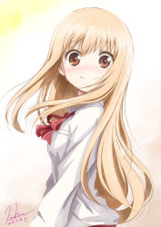 Rule 34 | 10s, 1girl, 2015, artist name, blonde hair, blush, brown eyes, dated, doma umaru, from side, gradient background, highres, himouto! umaru-chan, kem kem, long hair, looking at viewer, neck ribbon, nose blush, ribbon, school uniform, shirt, signature, smile, solo, very long hair