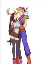Rule 34 | 1boy, 1girl, absurdres, antlers, armor, bare shoulders, bell, belt, black gloves, black skirt, black thighhighs, blonde hair, blue eyes, blush, boots, breasts, brown hair, christmas, closed mouth, cloud strife, crop top, cropped sweater, elbow gloves, final fantasy, final fantasy vii, fingerless gloves, full body, fur-trimmed headwear, fur trim, gloves, hairband, hat, height difference, highres, holding, horns, hugo artist, jingle bell, large breasts, long hair, looking at another, low-tied long hair, midriff, miniskirt, navel, pink footwear, pink gloves, red eyes, red footwear, red gloves, red headwear, reindeer antlers, santa hat, shoulder armor, skirt, spiked hair, square enix, standing, suspender skirt, suspenders, sweater, thighhighs, tifa lockhart, turtleneck, turtleneck sweater, white background, zettai ryouiki