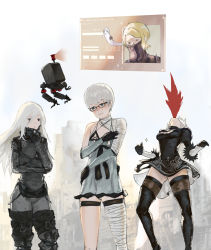 Rule 34 | 1boy, 3girls, android, bandages, bare shoulders, blonde hair, blood, blue eyes, blush, bodysuit, cosplay, crossdressing, elbow gloves, feather-trimmed sleeves, flower, ghost, giving up the ghost, glasses, gloves, hair flower, hair ornament, hairband, hologram, kaine (nier) (cosplay), lingerie, long hair, mole, mole under mouth, multiple girls, negligee, nier, nier (series), nier:automata, nosebleed, operator 21o, panties, pod (nier:automata), quentin lecuiller, ribbon, robot, short hair, smile, thighhighs, thinking, thumbs up, trap, underwear, white hair, white panties, 2b (nier:automata), 9s (nier:automata), a2 (nier:automata)