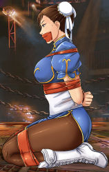 Rule 34 | 1girl, arms behind back, ass, bdsm, boots, bound, bound ankles, bound arms, bound legs, bound wrists, breasts, brown eyes, brown hair, bun cover, capcom, chain, chinese clothes, chun-li, cross-laced footwear, double bun, from side, gag, gagged, hair bun, highres, improvised gag, kneeling, large breasts, lebondage, long legs, looking away, lost one zero, pantyhose, seiza, shoes, short hair, sitting, street fighter, sweat, tape, tape bondage, tape gag, white footwear