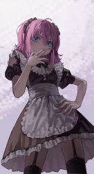 Rule 34 | 1girl, absurdres, ahoge, alternate costume, apron, black bow, black bowtie, black dress, bow, bowtie, cigarette, cowboy shot, dress, enmaided, garter straps, gradient background, grey apron, grey background, hand on own hip, highres, looking at viewer, maid, original, pink hair, puffy short sleeves, puffy sleeves, short sleeves, smoking, solo, thighhighs, twintails, waist apron, yoon cook