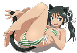 Rule 34 | 1girl, animal ears, ass, bikini, blush, breasts, butt crack, cat ears, cat girl, cat tail, fang, francesca lucchini, green eyes, green hair, hair ribbon, long hair, looking at viewer, nanashino, open mouth, ribbon, small breasts, smile, solo, strike witches, striped bikini, striped clothes, swimsuit, tail, twintails, world witches series