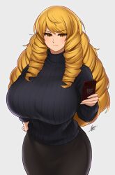 Rule 34 | 1girl, absurdres, airisubaka, black skirt, blonde hair, breasts, commentary, drill hair, english commentary, expressionless, hand on own hip, highres, holding, holding phone, huge breasts, long hair, looking at phone, original, phone, ribbed sweater, signature, simple background, skirt, sweater, turtleneck, turtleneck sweater, white background, yellow eyes