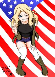 Rule 34 | 1girl, 2021, absurdres, american flag background, black tank top, blonde hair, blue eyes, blush, boots, breasts, dated, denim, denim shorts, diagonal stripes, girls und panzer, hair intakes, hand on own knee, highres, kay (girls und panzer), kirin (davidbk), knee boots, large breasts, leaning forward, long hair, saunders military uniform, shorts, smile, solo, striped, tank top, thighhighs, v