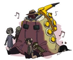 Rule 34 | 3boys, 3girls, android, bad id, bad tumblr id, bandages, big band, black sclera, bun cover, child, colored sclera, double bun, fedora, fur collar, gats (nougats), hair over one eye, hat, instrument, multiple boys, multiple girls, musical note, saxophone, skullgirls, sleeping, sleeping upright, stitches, zombie