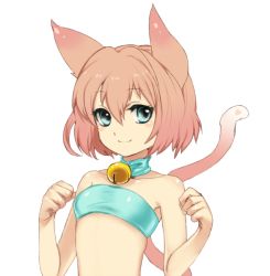 Rule 34 | 1girl, 4gb4tb, animal ears, bad id, bad pixiv id, bandeau, bare shoulders, belt, blue eyes, cat ears, cat tail, choker, original, short hair, simple background, smile, solo, strapless, tail, tube top, upper body