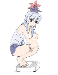 Rule 34 | 1girl, :|, alternate costume, barefoot, blue hair, camisole, censored, closed mouth, elf (stroll in the woods), fake censor, feet, female focus, hat, highres, hmx99 elf, kamishirasawa keine, long hair, red eyes, shorts, solo, touhou, weighing scale