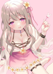 Rule 34 | 1girl, :d, barefoot, breasts, chitosezaka suzu, cleavage, collarbone, commentary request, commission, feet out of frame, flower, grey hair, hair flower, hair ornament, hair ribbon, hand up, holding, long hair, medium breasts, mimikaki, open mouth, original, pink background, pink eyes, pink ribbon, pink skirt, ribbon, see-through, shirt, sitting, skeb commission, skirt, smile, solo, very long hair, virtual youtuber, white flower, white shirt, yokozuwari