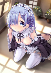 Rule 34 | 10s, 1girl, apron, bad id, bad pixiv id, bare shoulders, black dress, black footwear, black ribbon, blue eyes, blue hair, blush, breasts, breasts out, bush, detached collar, detached sleeves, dress, eyes visible through hair, frilled sleeves, frills, full body, garter straps, hair ornament, hairband, hand on own cheek, hand on own face, highres, hitsujibane shinobu, indoors, juliet sleeves, kneeling, long sleeves, looking at viewer, maid, mary janes, matching hair/eyes, md5 mismatch, nipples, plant, potted plant, puffy sleeves, re:zero kara hajimeru isekai seikatsu, rem (re:zero), ribbon, shoes, short hair, small breasts, solo, sunlight, tareme, thighhighs, white apron, white thighhighs, wide sleeves, window, x-ray, x hair ornament, zettai ryouiki