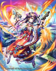 Rule 34 | 1girl, black hair, cardfight!! vanguard, company name, fire, flower, goddess of transitory awanami, green eyes, gun, hair flower, hair ornament, japanese clothes, long hair, miko, nemusuke, official art, open mouth, sandals, sky, solo, weapon