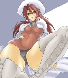 Rule 34 | 1girl, aty, aty (summon night), bad id, bad pixiv id, black panties, blue eyes, blush, boots, breasts, brown hair, cleavage, coat, curvy, from below, glasses, grey thighhighs, hand on own hip, hat, hip focus, large breasts, long hair, momio, open mouth, panties, pantyshot, purple eyes, red hair, solo, spread legs, summon night, summon night 3, sweat, thick thighs, thigh boots, thighhighs, thighs, trench coat, underwear, white footwear, wide hips, zettai ryouiki