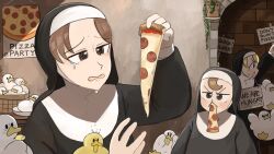 Rule 34 | 3girls, :&lt;, bird, blonde hair, brick wall, brown eyes, brown hair, chicken, clumsy nun (diva), commentary, crying, crying with eyes open, diva (hyxpk), duck, duckling, english commentary, food, froggy nun (diva), habit, highres, holding, holding sign, hungry nun (diva), little nuns (diva), mouth hold, multiple girls, nun, pizza, poster (object), sign, sign around neck, tears, traditional nun