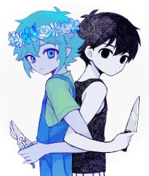 Rule 34 | 2boys, basil (headspace) (omori), basil (omori), black eyes, black hair, black tank top, blue overalls, closed mouth, colored skin, expressionless, flower, green eyes, green hair, green shirt, head wreath, highres, holding, holding knife, knife, locked arms, multiple boys, omori, omori (omori), overalls, sebon (sebochin), shirt, short hair, simple background, smile, tank top, white background, white skin