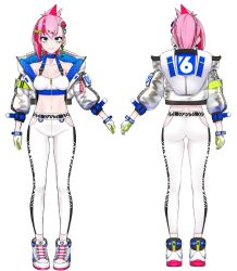 Rule 34 | 1girl, ass, back, breasts, character request, character sheet, choker, collarbone, commentary, earrings, english commentary, full body, gloves, hair between eyes, heart, highres, indie virtual youtuber, j.k., jacket, jewelry, long sleeves, looking at viewer, midriff, multicolored hair, multiple views, navel, pink hair, red hair, shoes, simple background, small breasts, smile, standing, stomach, streaked hair, two-tone hair, virtual youtuber, white background, yfu