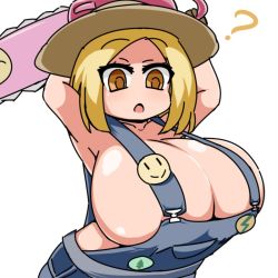 Rule 34 | 1girl, ?, alternate breast size, arms behind head, arms up, blonde hair, blush, breasts, brown eyes, cleavage, fate (series), huge breasts, moyashi udon, naked overalls, no bra, open mouth, overalls, solo, upper body