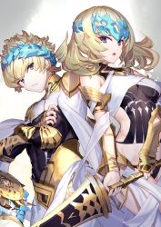 Rule 34 | 1boy, 1girl, :o, angry, armlet, armor, black shirt, blonde hair, blue eyes, bracelet, breasts, bridal gauntlets, brother and sister, castor (fate), chakram, closed mouth, collar, crossed arms, diadem, fate/grand order, fate (series), halterneck, highres, jewelry, medium hair, metal collar, ninoude (ninoude44), open mouth, pauldrons, pollux (fate), robe, serious, shirt, short hair, shoulder armor, siblings, small breasts, sword, twins, weapon, white robe