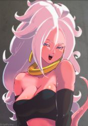 Rule 34 | 1girl, ahoge, android 21, arm warmers, artist name, bandeau, bangle, bare shoulders, blue eyes, bracelet, breasts, cleavage, collarbone, colored skin, dragon ball, dragonball z, earrings, eyelashes, fangs, half-closed eyes, highres, hoop earrings, jewelry, light persona, long hair, looking at viewer, majin android 21, medium breasts, midriff, navel, open mouth, pink skin, pointy ears, setsuson, smile, solo, tail, upper body, very long hair