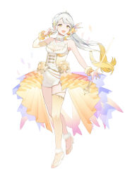 Rule 34 | 1girl, 447 records, :d, absurdres, bare shoulders, conductor baton, blonde hair, breasts, detached sleeves, full body, gradient hair, grey hair, highres, holding, looking at viewer, medium breasts, multicolored hair, open mouth, showgirl skirt, simple background, single detached sleeve, single thighhigh, smile, sogawa, solo, thighhighs, virtual youtuber, white background, wristband, yellow eyes, yellow thighhighs, yuzuha (vtuber)