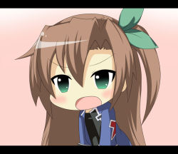 Rule 34 | 10s, 1girl, angry, blush, brown hair, chibi, female focus, hair ornament, if (neptunia), jacket, letterboxed, long hair, neptune (series), open mouth, ponytail, solo