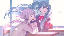 Rule 34 | 2girls, aqua eyes, aqua hair, arm support, black sweater, blue jacket, brown jacket, chair, cherico, cherry blossoms, classroom, commentary, desk, closed eyes, falling petals, from side, hatsune miku, head rest, highres, indoors, jacket, long hair, looking away, multiple girls, neck ribbon, necktie, open mouth, petals, purple hair, red neckwear, ribbed sleeves, ribbon, school uniform, short hair with long locks, sidelighting, sidelocks, sitting, smile, sweater, twintails, very long hair, vocaloid, window, yuzuki yukari
