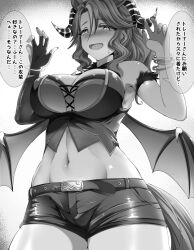 Rule 34 | 1girl, animal ears, armpits, bare shoulders, black shorts, blush, bracelet, breasts, cleavage, commentary request, cowboy shot, crop top, demon horns, demon wings, ear covers, ear ornament, elbow gloves, fake horns, fake wings, fangs, fingernails, gloves, groin, hair between eyes, halloween costume, hands up, horns, horse ears, horse girl, horse tail, jewelry, large breasts, long fingernails, long hair, looking at viewer, mejiro palmer (devil in the moonlight) (umamusume), mejiro palmer (umamusume), midriff, monochrome, multicolored hair, multiple bracelets, navel, nose blush, official alternate costume, open mouth, ponytail, shirt, short shorts, shorts, sidelocks, single elbow glove, sleeveless, sleeveless shirt, solo, speech bubble, standing, streaked hair, sweat, tail, tenko (raimugi666), translation request, umamusume, wings