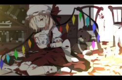 Rule 34 | 1girl, bandages, bed, blonde hair, blood, bloody knife, book, chair, cuffs, female focus, flandre scarlet, hat, hat ribbon, high heels, holding, itoo, knife, letterboxed, open book, open mouth, red eyes, ribbon, shelf, shoes, short hair, side ponytail, sitting, skirt, skirt set, skull, solo, stuffed animal, stuffed toy, tea set, teddy bear, touhou, wariza, wings, wrist cuffs