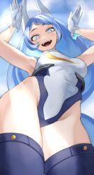 Rule 34 | 1girl, :d, absurdres, animal ears, blue eyes, blue hair, blue sky, boku no hero academia, cloud, cosplay, covered navel, crescent print, day, fengling (furin-jp), from below, gloves, hadou nejire, heattech leotard, highleg, highleg leotard, highres, leotard, long hair, looking at viewer, looking down, mirko, mirko (cosplay), open mouth, outdoors, print leotard, rabbit ears, rabbit pose, sky, sleeveless, sleeveless turtleneck, sleeveless turtleneck leotard, smile, solo, superhero costume, thick thighs, thighhighs, thighs, turtleneck, white gloves, white leotard