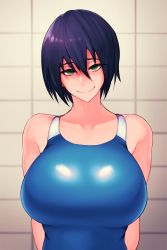 Rule 34 | 1girl, arms behind back, bare shoulders, black hair, breasts, collarbone, competition swimsuit, hair between eyes, head tilt, highres, large breasts, one-piece swimsuit, original, shaded face, shiny clothes, short hair, smile, swimsuit, tile wall, tiles, tokitamago (sasakitoki), upper body, yandere