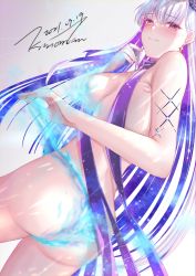 Rule 34 | 1girl, ass, bare shoulders, blue fire, blue hair, blush, body markings, bracelet, breasts, commentary request, earrings, fate/grand order, fate (series), fire, flower, hair flower, hair ornament, highres, jewelry, kama (fate), kama (swimsuit avenger) (fate), kama (swimsuit avenger) (third ascension) (fate), kinom (sculpturesky), large breasts, long hair, looking at viewer, looking back, lotus, multicolored hair, nail polish, red eyes, revealing clothes, silver hair, smile, solo, star (symbol), star earrings, thighs, two-tone hair