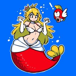 Rule 34 | !, 1girl, air bubble, akairiot, bikini, bikini top only, blonde hair, blue background, blue eyes, breasts, bubble, cheep cheep, elbow gloves, fingerless gloves, fins, fish, gloves, jewelry, long hair, mario (series), medium breasts, mermaid, monster girl, navel, new super mario bros. u deluxe, nintendo, original, outline, personification, simple background, solo, super crown, swimsuit, underwater, underwear, very long hair, white outline, wide hips