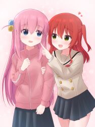 Rule 34 | 2girls, absurdres, blue eyes, blush, bocchi the rock!, cartelet cocoa, cube hair ornament, gotoh hitori, hair between eyes, hair ornament, heart, highres, holding another&#039;s arm, jacket, kita ikuyo, multiple girls, one side up, pink hair, pink track suit, red hair, school uniform, shuka high school uniform, tagme, track jacket, yuri