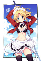 Rule 34 | 1girl, apron, arms up, artoria pendragon (alter swimsuit rider) (fate), artoria pendragon (alter swimsuit rider) (fate) (cosplay), artoria pendragon (alter swimsuit rider) (second ascension) (fate), artoria pendragon (fate), bikini, black bikini, black skirt, black thighhighs, blue eyes, blue sky, blush, breasts, bridal garter, choker, closed mouth, collarbone, cosplay, day, fate/apocrypha, fate/grand order, fate (series), frilled choker, frills, hair ornament, hair scrunchie, jacket, long hair, long sleeves, looking at viewer, maid, maid bikini, maid headdress, mop, mordred (fate), mordred (fate/apocrypha), navel, odawara hakone, open clothes, open jacket, parted bangs, ponytail, red jacket, red scrunchie, scrunchie, sidelocks, skirt, sky, small breasts, solo, swimsuit, thighhighs, thighs, unconventional maid, waist apron