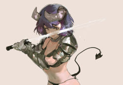 Rule 34 | 1girl, absurdres, armor, beige background, bikini, black bikini, brown eyes, commentary request, demon horns, demon tail, gauntlets, highres, holding, holding sword, holding weapon, horns, looking at viewer, navel, open mouth, original, purple hair, short hair, shoulder armor, simple background, solo, sweat, swimsuit, sword, tail, transparent sword, upper body, weapon, zygocactus