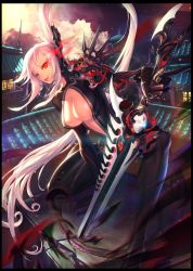 Rule 34 | 10s, 1girl, armor, bad id, bad pixiv id, blade &amp; soul, center opening, duplicate, long hair, looking at viewer, morry, orange eyes, pauldrons, pink hair, shoulder armor, skin tight, solo, sword, town, very long hair, weapon