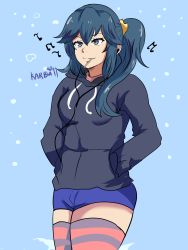 Rule 34 | 1girl, absurdres, blue hair, earphones, fire emblem, fire emblem awakening, fire emblem heroes, highres, hood, hoodie, karbuitt, lucina (fire emblem), musical note, nintendo, snow, snowing, striped clothes, striped thighhighs, sweater, tagme, thighhighs, zettai ryouiki