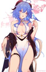 Rule 34 | 1girl, ahoge, bare shoulders, bird, blue hair, breasts, chair, cherry blossoms, china dress, chinese clothes, dress, ganyu (genshin impact), genshin impact, goat horns, gradient dress, hand up, highres, horns, jesse (pixiv34586727), long hair, looking at viewer, medium breasts, nail polish, no bra, panty straps, parted lips, pelvic curtain, petals, purple eyes, purple nails, revealing clothes, shawl, sitting, sleeveless, sleeveless dress, solo, thigh strap, thighs, white dress