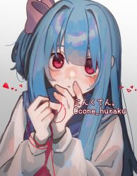 Rule 34 | 1girl, alternate costume, artist name, blue hair, blue sailor collar, blush, bow, commentary request, cone huraku, crying, crying with eyes open, grey background, hair bow, hair intakes, hair over one eye, hands up, kotonoha aoi, long hair, looking at viewer, neckerchief, one side up, own hands together, pink bow, red neckerchief, sailor collar, school uniform, serafuku, shirt, sidelocks, solo, string, string around finger, string of fate, tears, twitter username, upturned eyes, voiceroid, watermark, white shirt