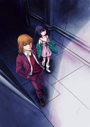 Rule 34 | 1boy, 1girl, black eyes, black hair, bob cut, boots, brown eyes, brown hair, coat, cover, cover page, dark, dress, dress shirt, feathers, formal, from above, green coat, hallway, hands in pockets, jacket, kakine teitoku, kisaragi nankyoku, looking at another, looking at viewer, medium hair, off shoulder, official art, open clothes, open shirt, pants, parted lips, pink dress, purple jacket, purple legwear, purple suit, red sweater, shirt, short hair, sleeveless, sleeveless dress, spaghetti strap, suit, sweater, toaru majutsu no index, toaru majutsu no index gaiden: toaru kagaku no dark matter, translated, trim marks, unfinished, white feathers, white footwear, white shirt, yuzuriha ringo