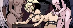 Rule 34 | 3girls, angel, animated, animated gif, black lips, blonde hair, breasts, feathered wings, futa with futa, futanari, futanari masturbation, hand on another&#039;s head, highres, holding, large breasts, large penis, looping animation, masturbation, medium breasts, multiple girls, nipples, overlewd, penis, ponytail, sex, sex from behind, smile, testicles, thigh strap, wings