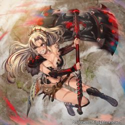 Rule 34 | 1girl, armor, axe, battle axe, belt, belt pouch, black eyes, black hair, black nails, blonde hair, breasts, commentary request, copyright request, full body, greaves, grin, heterochromia, highres, huge weapon, large breasts, long hair, looking away, multicolored hair, nail polish, navel, ponytail, pouch, red eyes, scar, scar across eye, shoulder tattoo, single bare shoulder, smile, solo, streaked hair, takami masahiro, tattoo, teeth, thigh strap, vambraces, weapon, wings