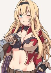 Rule 34 | 1girl, belt, black gloves, black hairband, blush, grabbing another&#039;s breast, breasts, brown belt, cleavage, commentary, fingerless gloves, gloves, grabbing, granblue fantasy, green eyes, hair between eyes, hairband, large breasts, navel, one eye closed, shiseki hirame, simple background, solo focus, white background, zeta (granblue fantasy)
