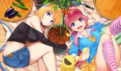 Rule 34 | 2girls, antenna hair, black shirt, blonde hair, blush, breasts, character request, closed mouth, highres, kneehighs, large breasts, long hair, looking at viewer, lying, medium hair, multiple girls, official art, on back, on side, open mouth, plant, potted plant, shirt, shorts, skirt, smile, socks, vegetable garden of twins, yellow skirt, yumeno tanuki