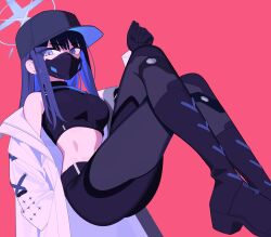 Rule 34 | 1girl, baseball cap, black gloves, black hair, black hat, black mask, black pants, blue archive, blue eyes, blue hair, breasts, colored inner hair, crop top, gloves, halo, hat, highres, jacket, long hair, looking at viewer, mabera, mask, medium breasts, midriff, mouth mask, multicolored hair, off shoulder, pants, red background, saori (blue archive), simple background, solo, white jacket