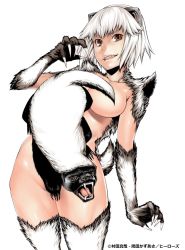 Rule 34 | 10s, 1girl, animal ears, arm up, badger, breasts, brown eyes, claws, convenient censoring, cowboy shot, fang, fur, grin, killing bites, large breasts, looking at viewer, nude, official art, sharp teeth, short hair, simple background, smile, sumita kazuasa, tail, teeth, uzaki hitomi, white background, white hair