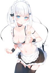 Rule 34 | 1girl, apron, baby bottle, black bow, black choker, black garter straps, black skirt, black thighhighs, blue eyes, bottle, bow, breasts, choker, cleavage, commentary request, garter straps, hair bow, hair ornament, hairclip, highres, holding, holding bottle, looking at viewer, maid apron, maid headdress, medium breasts, navel, original, otokuyou, ringo-chan (otokuyou), simple background, skirt, tail, thighhighs, white apron, white background, white hair
