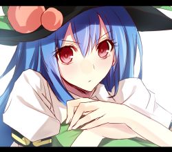 Rule 34 | &gt;:/, 1girl, :/, aosaki yukina, bad id, bad twitter id, black hat, blue hair, food, fruit, hat, hinanawi tenshi, leaf, letterboxed, long hair, looking at viewer, peach, puffy short sleeves, puffy sleeves, red eyes, short sleeves, solo, touhou, upper body, v-shaped eyebrows, white background