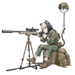 Rule 34 | 1girl, :3, animal ears, backpack, bag, black hair, bolt action, brown footwear, brown headwear, bulletproof vest, cat ears, cat girl, cat tail, commentary, cross-laced footwear, cup, disposable cup, drinking, drinking straw, english commentary, grey jacket, grey pants, gun, hair tie, helmet, holding, holding cup, holding gun, holding weapon, jacket, jpc, leaning forward, long sleeves, looking to the side, medium hair, military, military uniform, multicolored hair, no legwear, original, pants, ponytail, prehensile tail, remington model 700, rifle, scope, shadow, shoes, simple background, sitting, sleeves rolled up, sniper rifle, solo, tactical clothes, tail, tripod, two-tone hair, uniform, weapon, white background, white hair