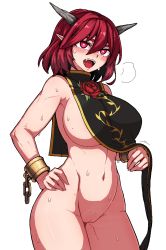 Rule 34 | 1girl, alternate breast size, bottomless, breasts, breath, chain, cleft of venus, cowboy shot, cuffs, fangs, female pubic hair, flower, formicid, groin, hair between eyes, hand on own hip, heart, heart-shaped pupils, highres, horns, huge breasts, ibaraki kasen, linea alba, looking at viewer, medium hair, mole, mole on breast, naked tabard, navel, no bra, oni, open mouth, pink eyes, pointy ears, pubic hair, pubic stubble, pussy, red flower, red hair, red rose, rose, shackles, sideboob, simple background, solo, stomach, sweat, symbol-shaped pupils, tabard, touhou, white background