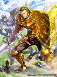 Rule 34 | 3boys, armor, armored boots, boots, brown hair, company name, copyright name, day, faceless, faceless male, field, fire emblem, fire emblem: the blazing blade, fire emblem cipher, gloves, grass, helmet, looking at viewer, male focus, manly, multiple boys, nintendo, official art, oswin (fire emblem), polearm, shield, sky, spear, teeth, weapon, yoneko okome99
